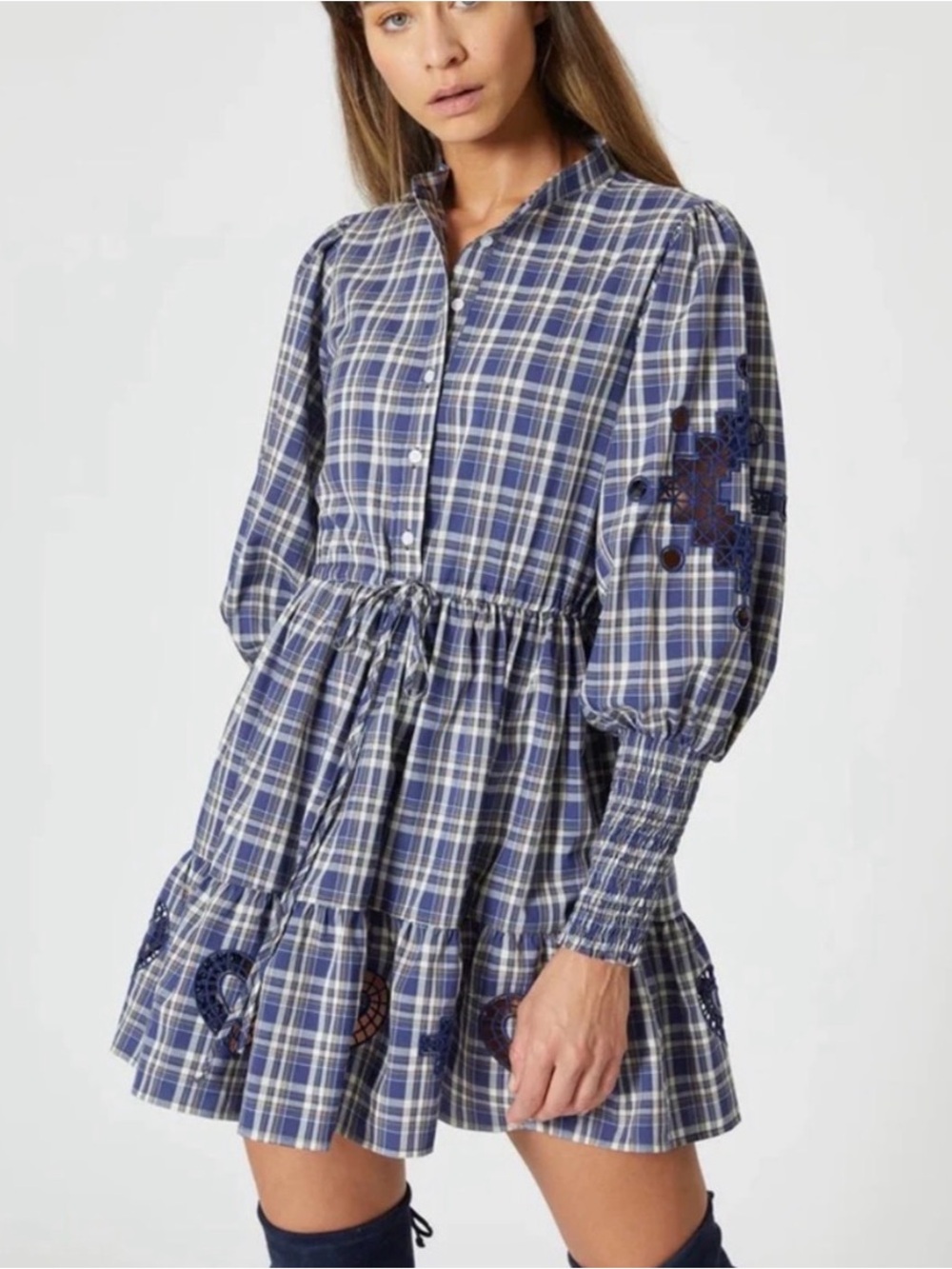 The Shirt “Brooke" Dress in Plaid Navy Long Sleeve Heart Cutouts Smocked Cuff